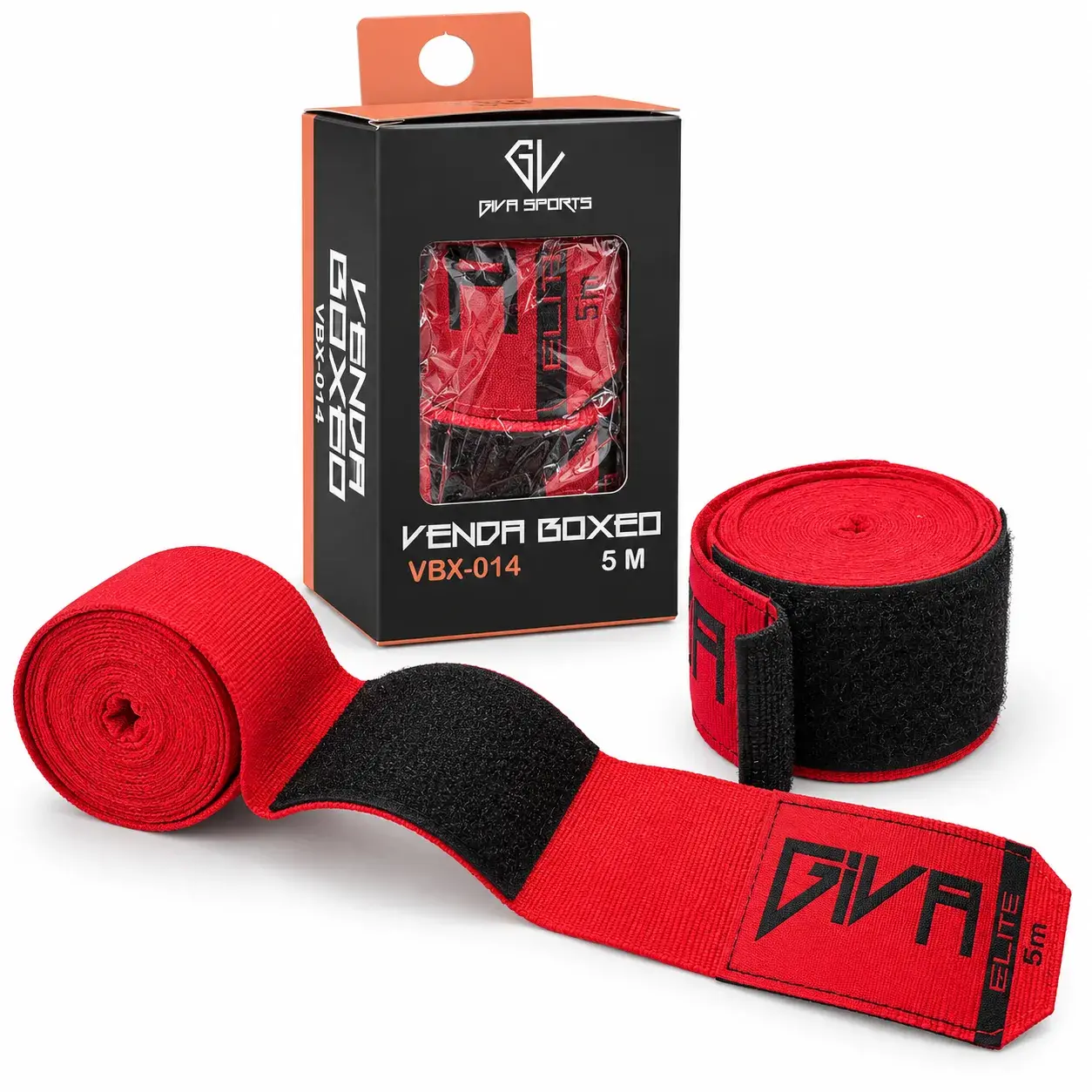 Venda de boxeo GIVA Elite roja de 5 metros con caja y producto extendido